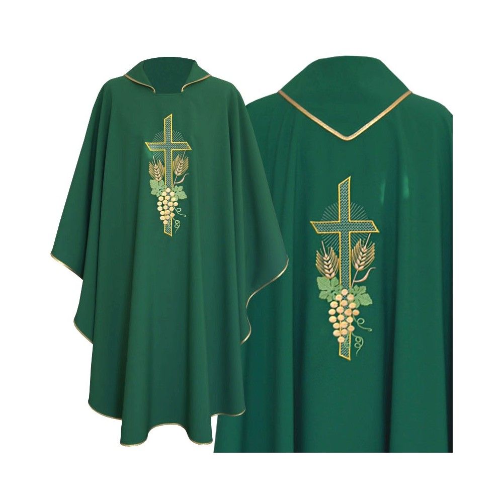 Ornat gotycki zielony, tkanina gładka, haftowany (217K) - Ornaty zielone - Nowość