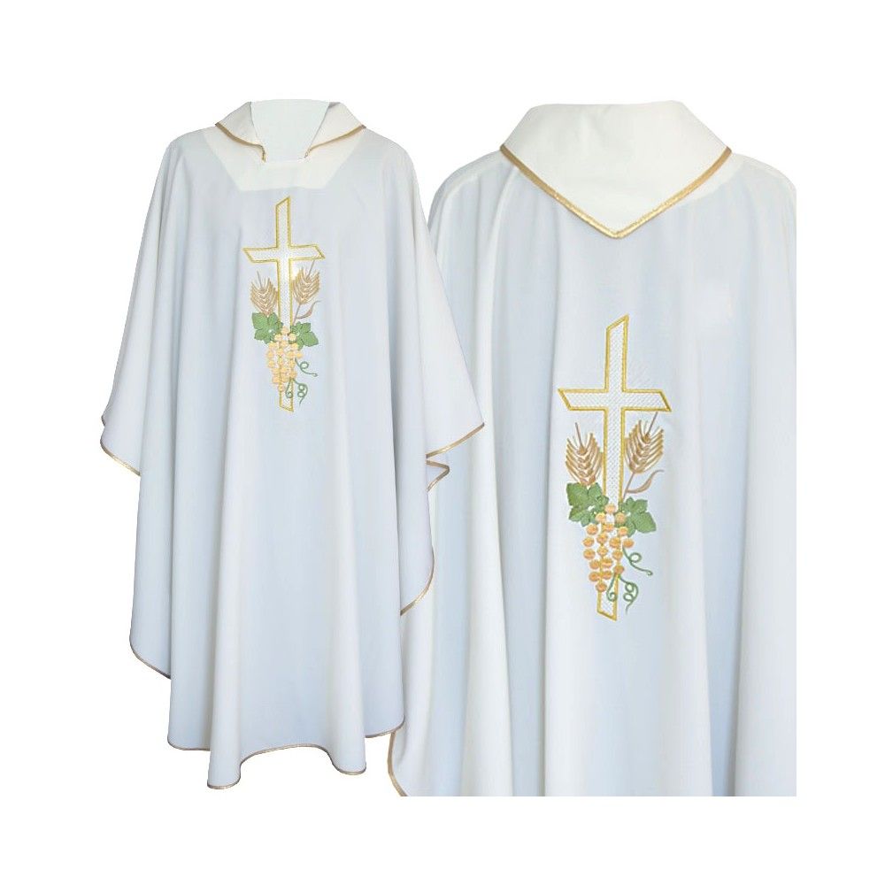 Ornat gotycki ecru, tkanina gładka, haftowany (219K) - Ornaty białe/ ecru - Nowość