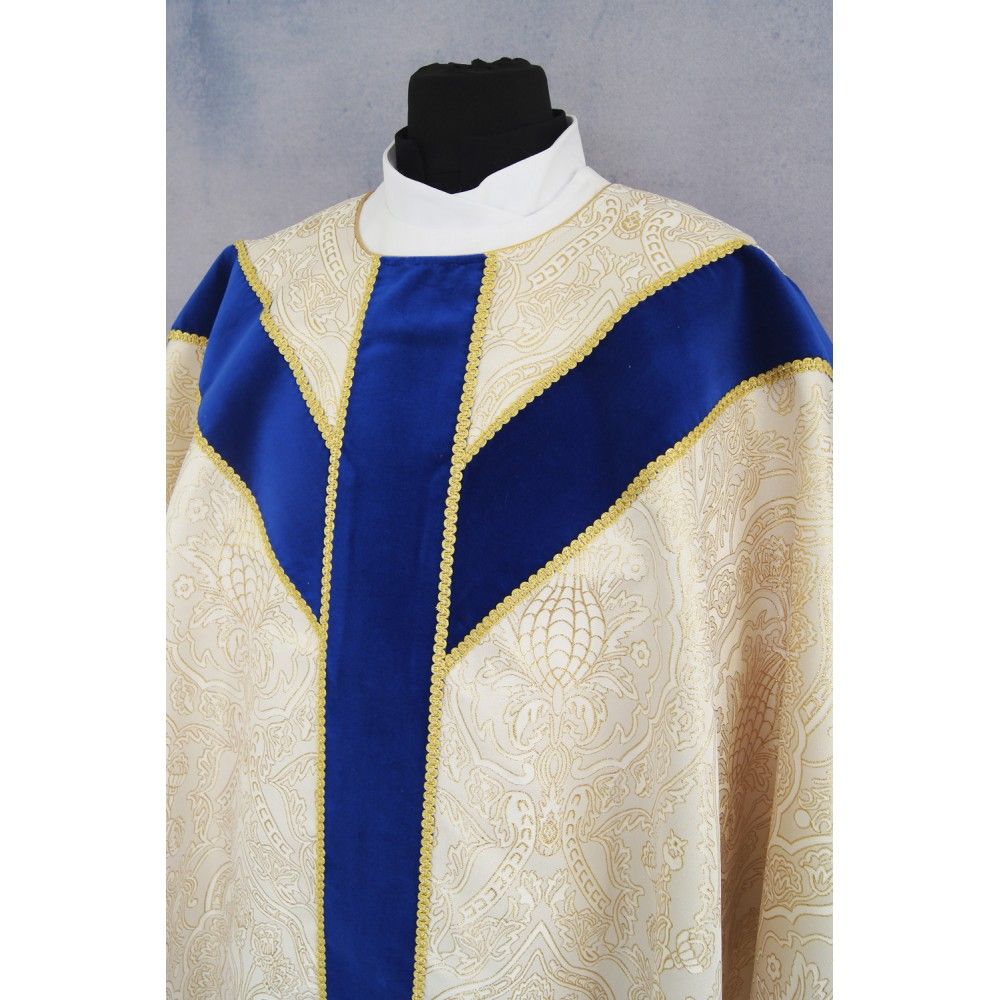 Ornat semi gotycki - złote wzory, niebieskie pasy (74) - Ornaty Semi Gotyckie - zdjęcie 2 - Ornat semi gotycki - złote wzory, niebieskie pasy (74)