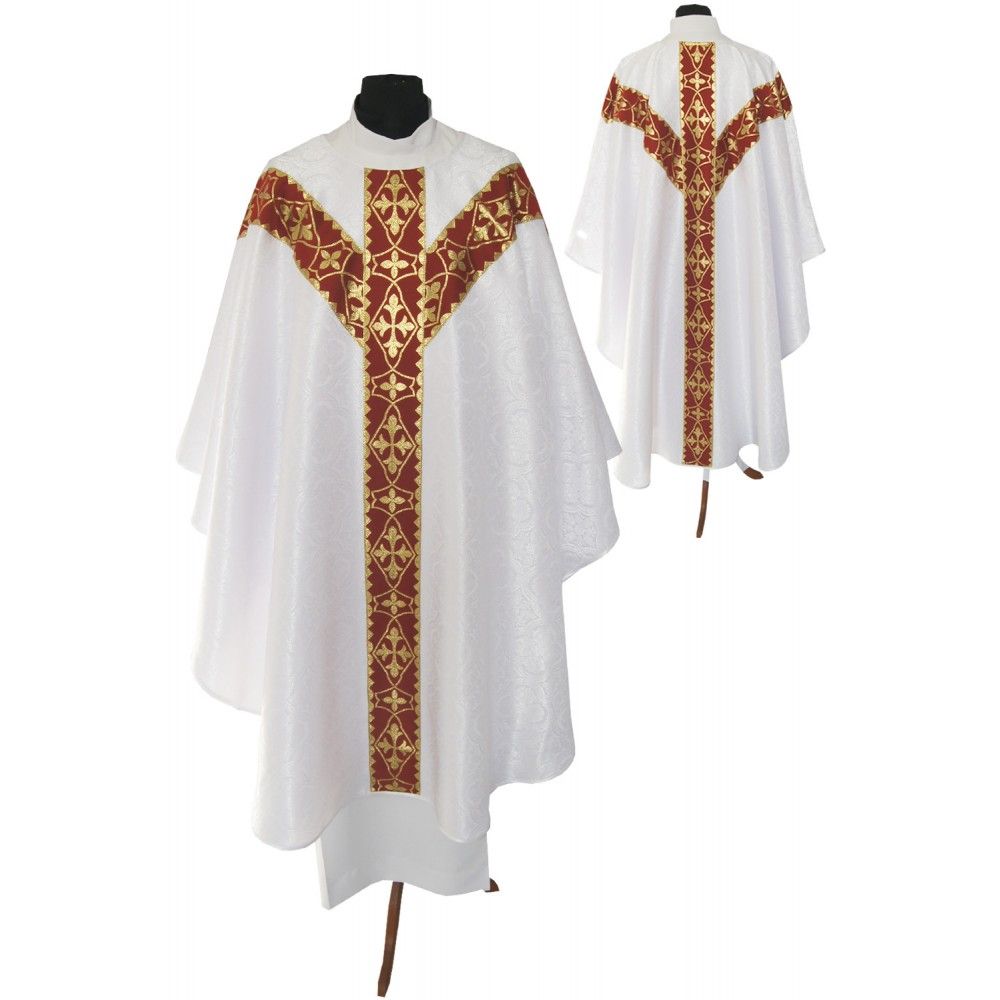 Ornat semi gotycki + stuła, kolor biały, pasy tkane (38K) - Ornaty Semi Gotyckie - Nowość