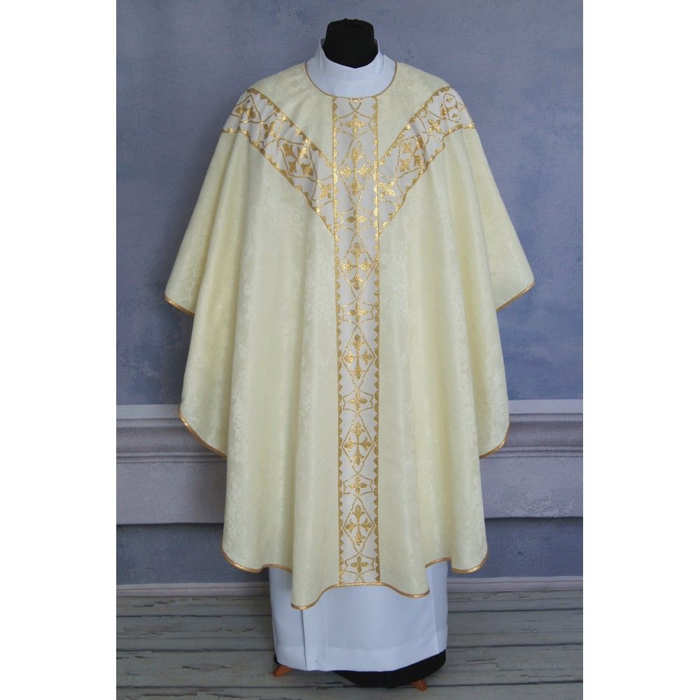 Ornat semi gotycki + stuła, kolor ecru, pasy tkane (39K) - Ornaty Semi Gotyckie - zdjęcie 2 - Ornat semi gotycki + stuła, kolor ecru, pasy tkane (39K)