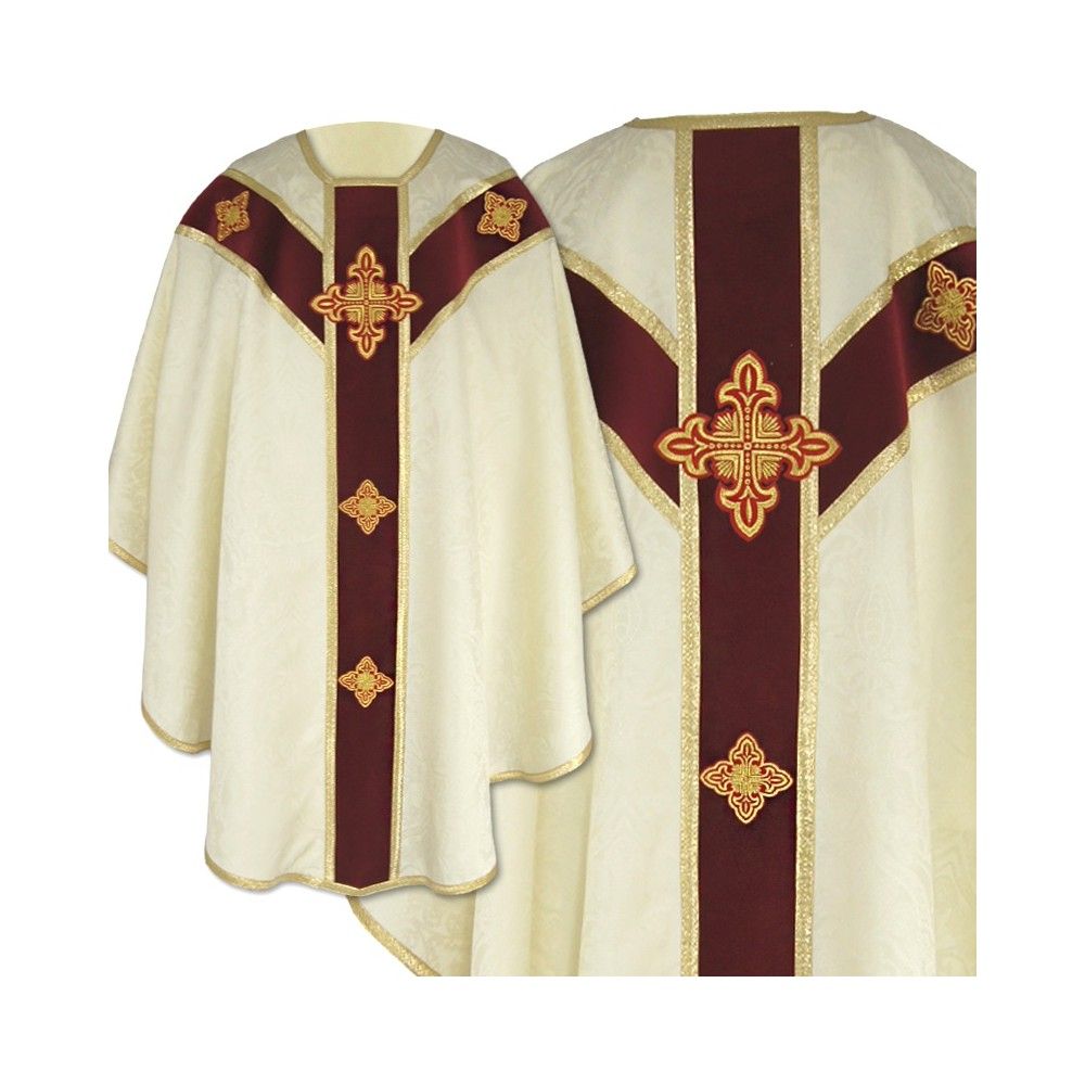 Ornat semi gotycki + stuła, kolor ecru, aksamitny pas (41K) - Ornaty Semi Gotyckie - Nowość