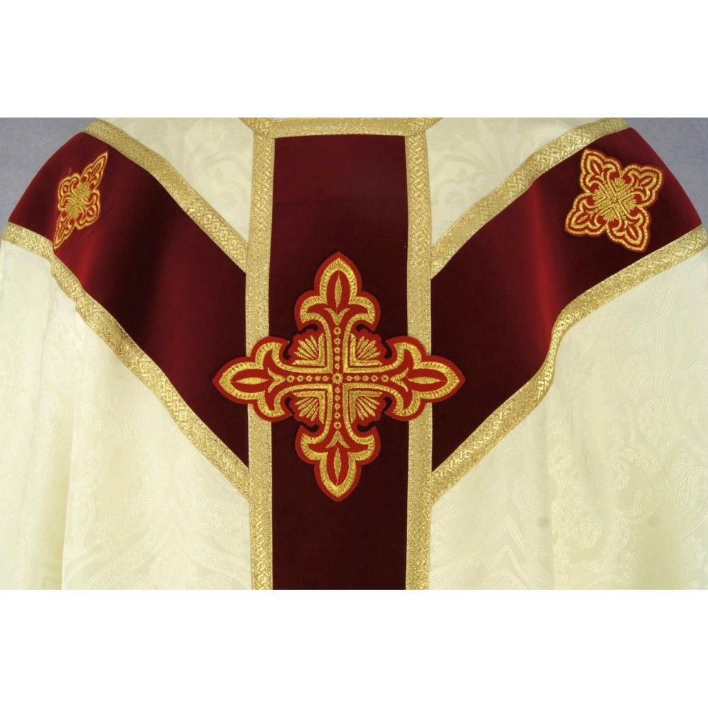 Ornat semi gotycki + stuła, kolor ecru, aksamitny pas (41K) - Ornaty Semi Gotyckie - zdjęcie 2 - Ornat semi gotycki + stuła, kolor ecru, aksamitny pas (41K)