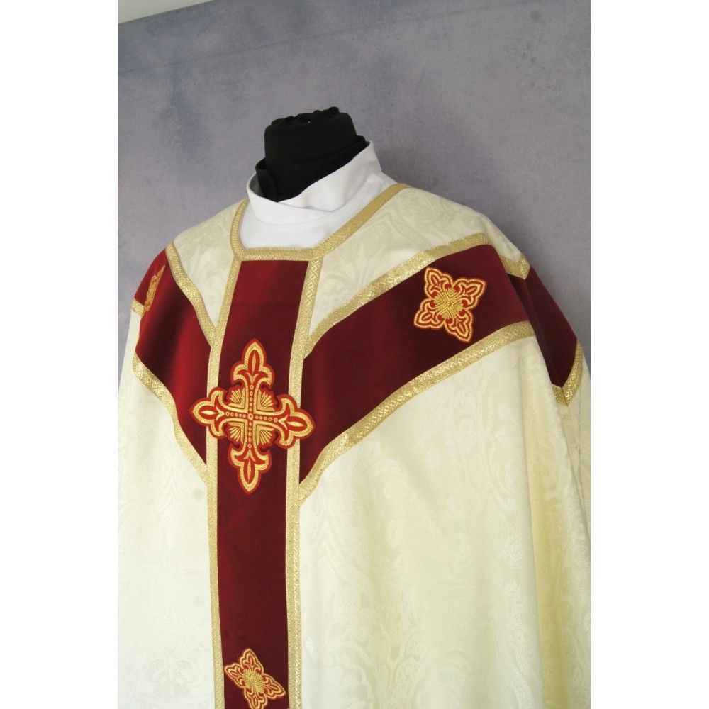 Ornat semi gotycki + stuła, kolor ecru, aksamitny pas (41K) - Ornaty Semi Gotyckie - zdjęcie 3 - Ornat semi gotycki + stuła, kolor ecru, aksamitny pas (41K)