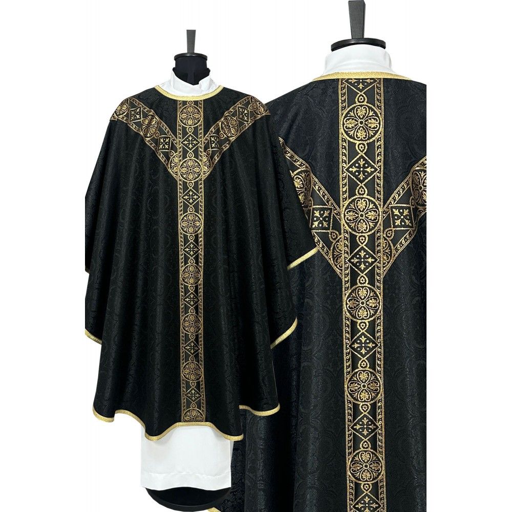 Ornat semi gotycki + stuła, kolor czarny, tkane pas (42K) - Ornaty Semi Gotyckie - Nowość