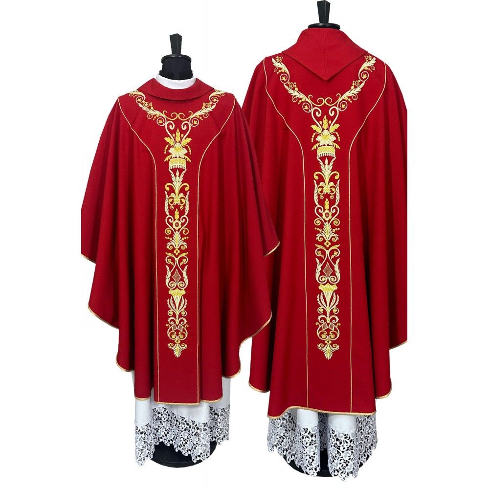 Ornat semi gotycki + stuła, kolor czerwony, haftowane pasy (43K) - ORNATY NA WIELKI POST - Nowość
