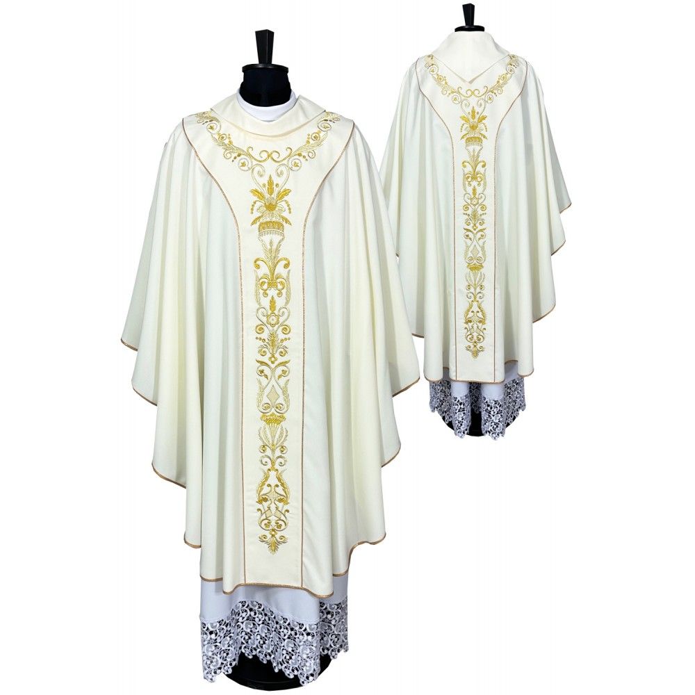 Ornat semi gotycki + stuła, kolor ecru, haftowane pasy (44K) - Ornaty Semi Gotyckie - Nowość