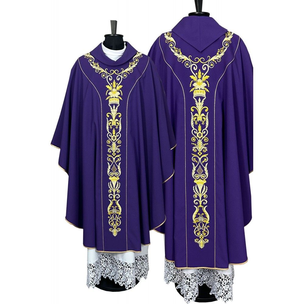 Ornat semi gotycki + stuła, kolor fioletowy, haftowane pasy (45K) - ORNATY NA WIELKI POST - Nowość