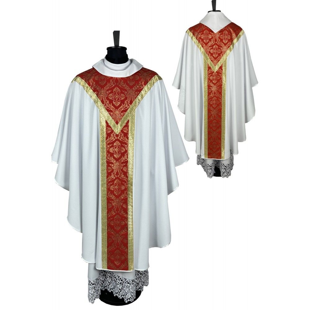 Ornat semi gotycki + stuła, kolor biały, tkane pasy (46K) - Ornaty Semi Gotyckie - Nowość