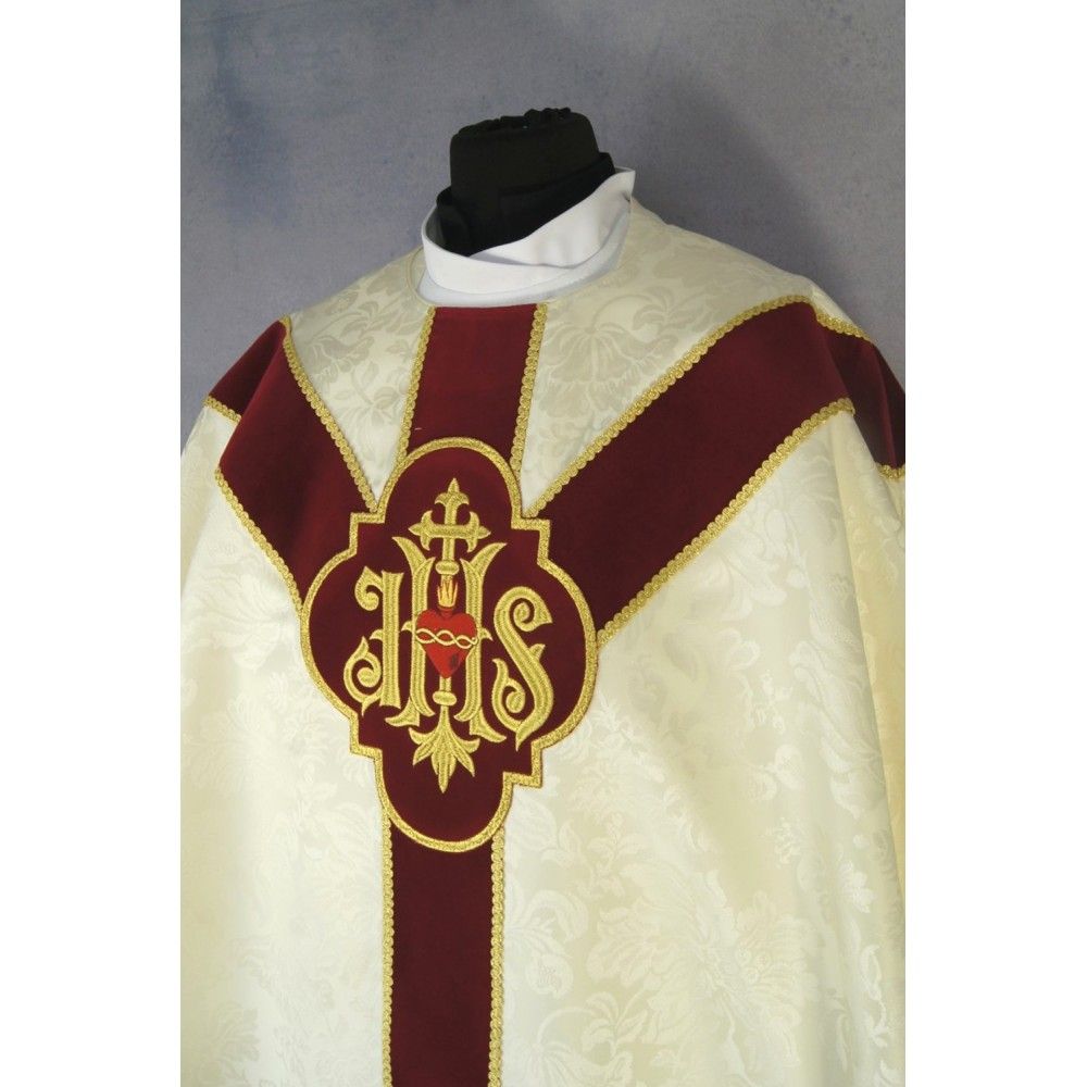 Ornat semi gotycki + stuła, kolor ecru, aksamitny pas (48K) - Ornaty Semi Gotyckie - zdjęcie 2 - Ornat semi gotycki + stuła, kolor ecru, aksamitny pas (48K)
