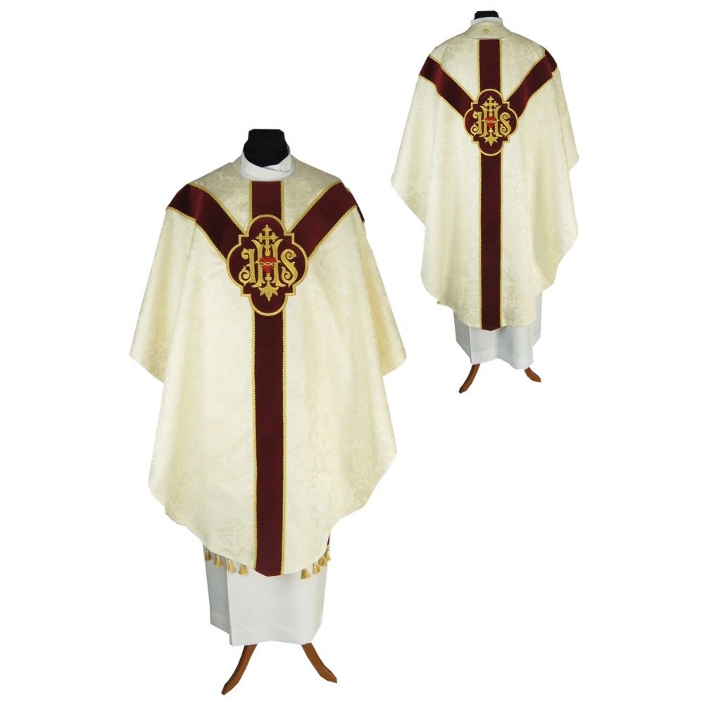 Ornat semi gotycki + stuła, kolor ecru, aksamitny pas (48K) - Ornaty Semi Gotyckie - Nowość