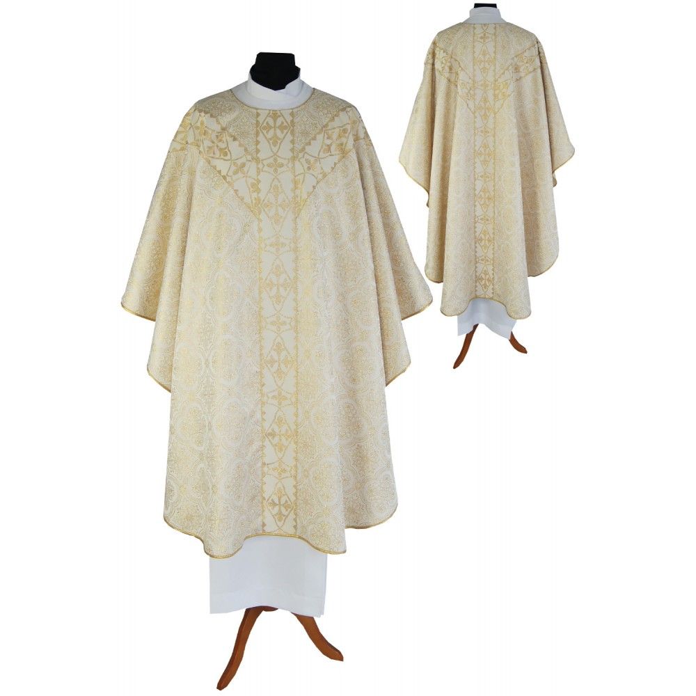 Ornat semi gotycki + stuła, kolor złote wzory, tkane pasy (50K) - Ornaty Semi Gotyckie - Nowość