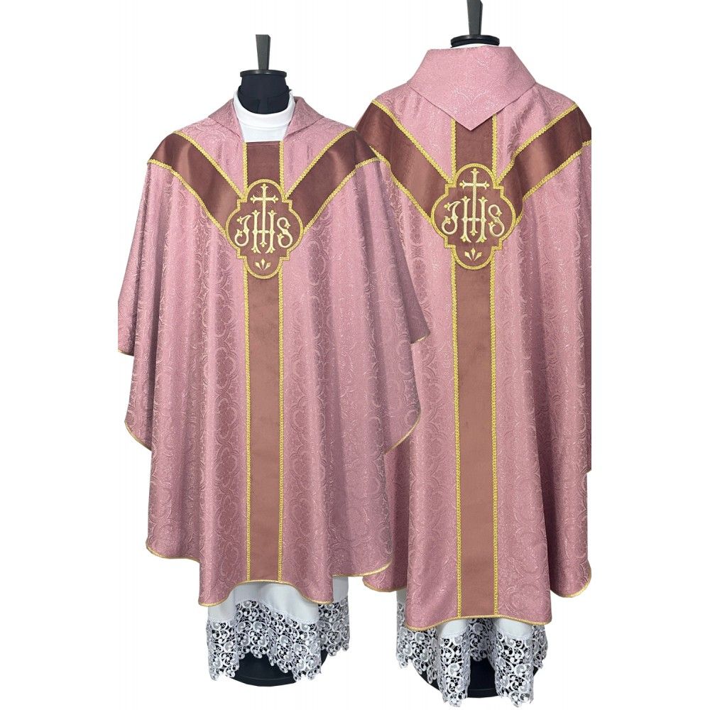 Ornat semi gotycki, blady różowy, pasy tkane, kołnierz (51K) - ORNATY NA WIELKI POST - Nowość