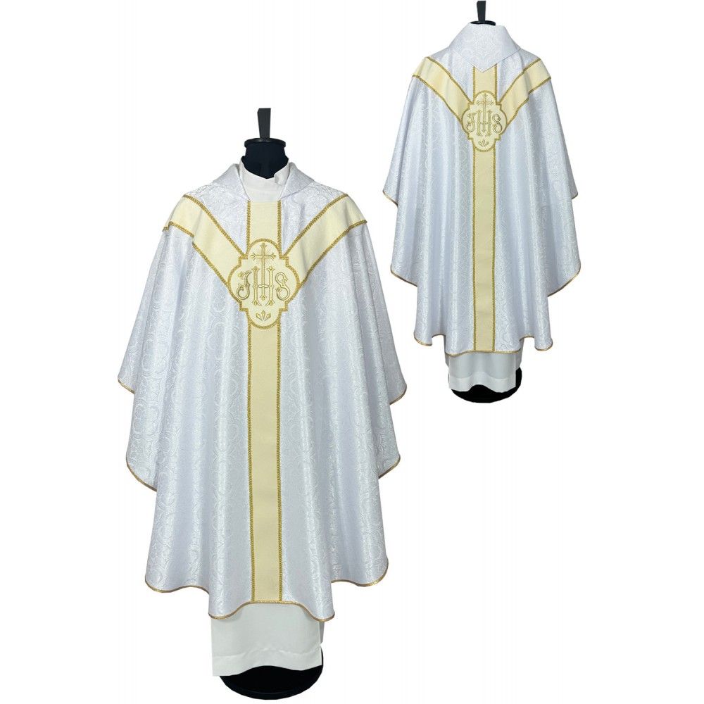 Ornat semi gotycki, biały, pasy tkane, kołnierz (52K) - Ornaty Semi Gotyckie - Nowość