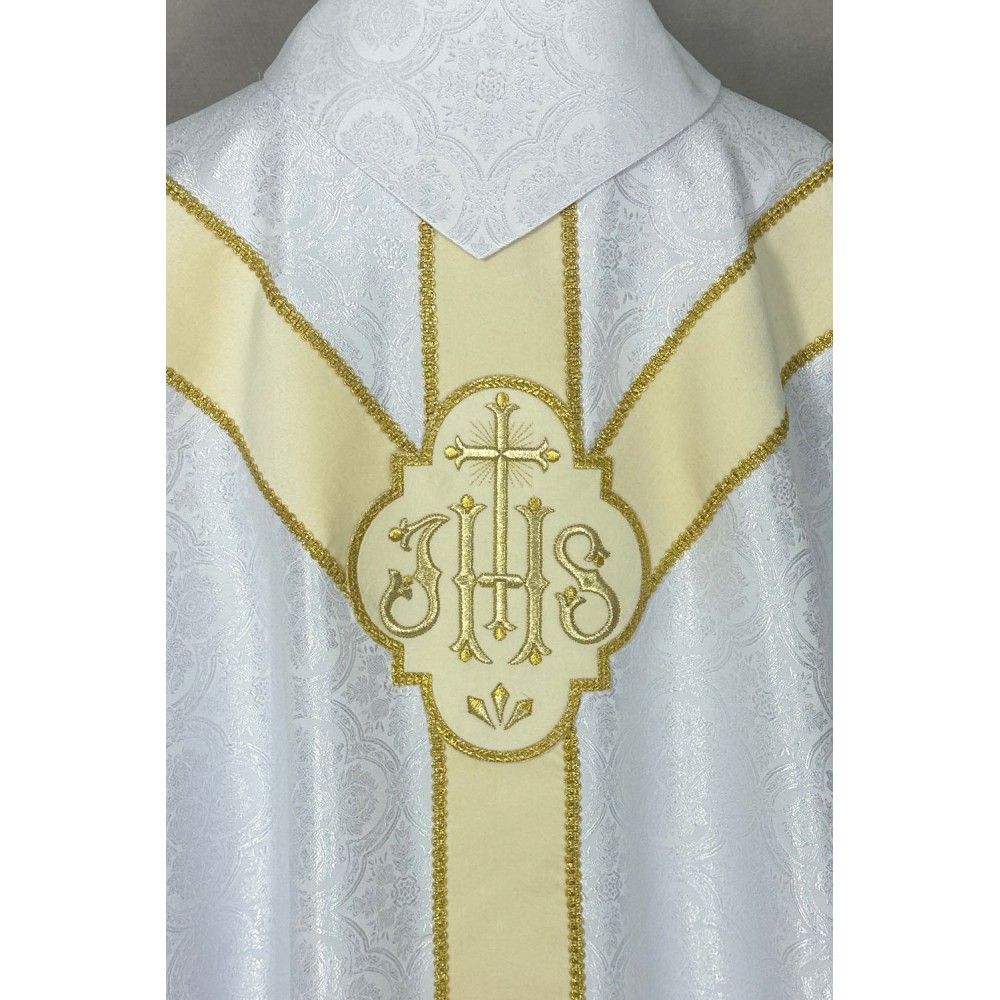 Ornat semi gotycki, biały, pasy tkane, kołnierz (52K) - Ornaty Semi Gotyckie - zdjęcie 2 - Ornat semi gotycki, biały, pasy tkane, kołnierz (52K)