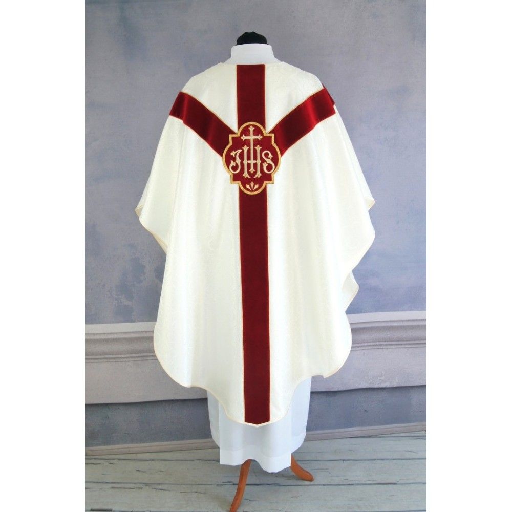 Ornat semi gotycki + stuła, kolor ecru, aksamitny pas (53K) - Ornaty Semi Gotyckie - zdjęcie 3 - Ornat semi gotycki + stuła, kolor ecru, aksamitny pas (53K)