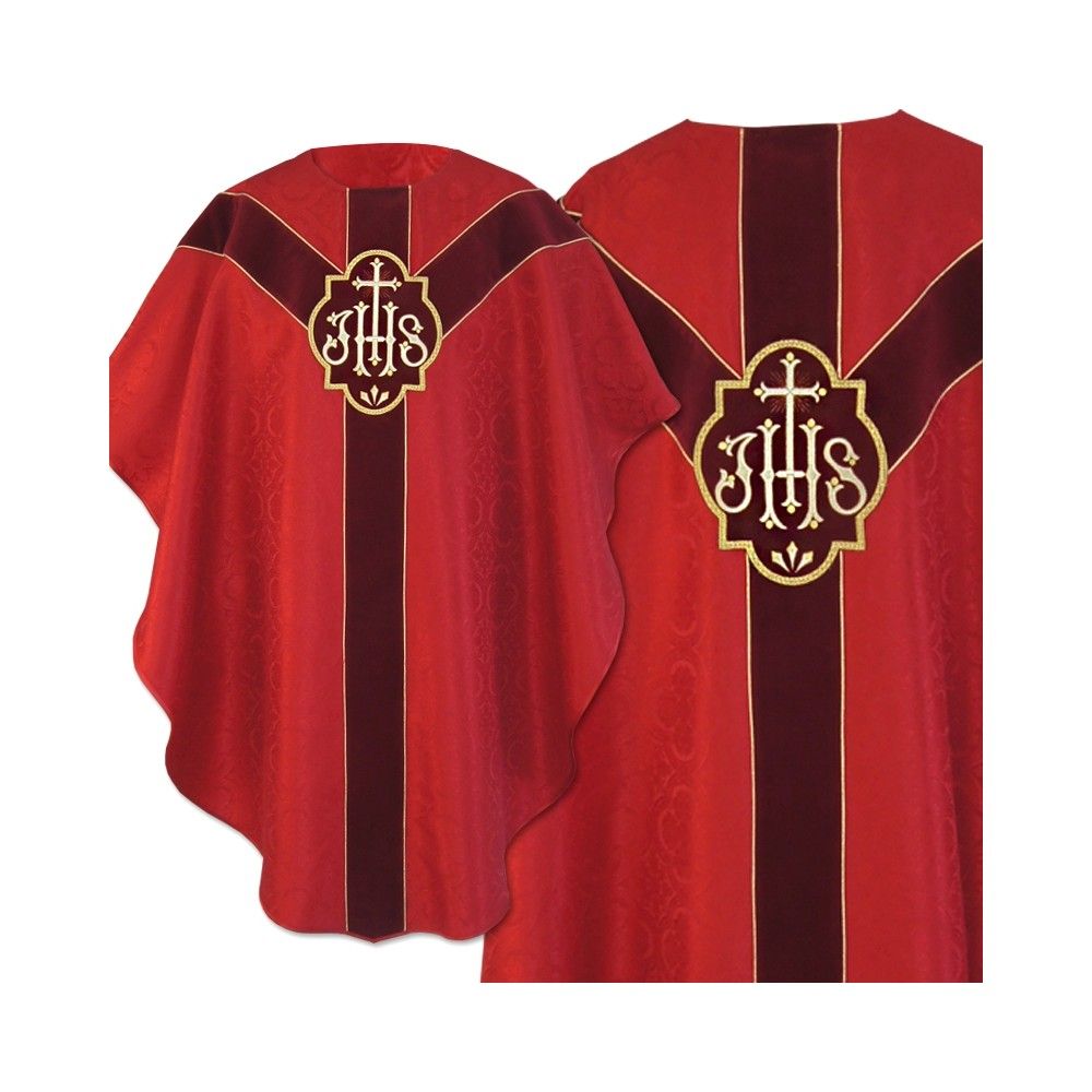 Ornat semi gotycki + stuła, kolor czerwony, aksamitny pas (54K) - ORNATY NA WIELKI POST - Nowość