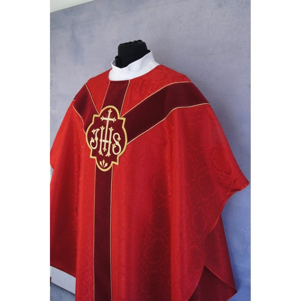 Ornat semi gotycki + stuła, kolor czerwony, aksamitny pas (54K) - ORNATY NA WIELKI POST - zdjęcie 2 - Ornat semi gotycki + stuła, kolor czerwony, aksamitny pas (54K)