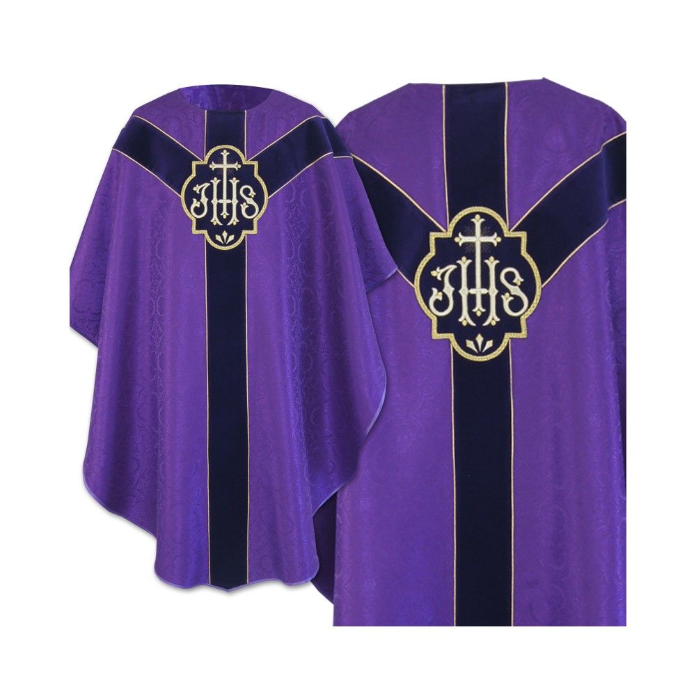 Ornat semi gotycki + stuła, kolor fioletowy, aksamitny pas (55K) - ORNATY NA WIELKI POST - Nowość