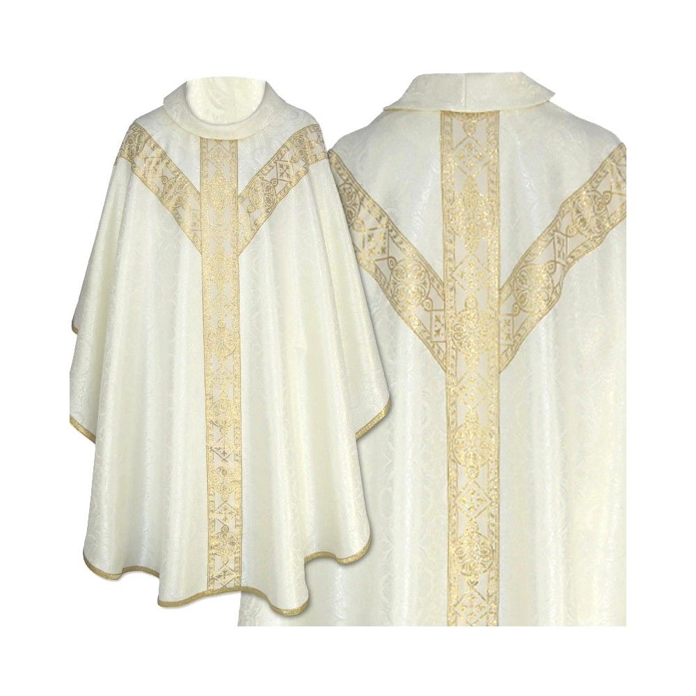 Ornat semi gotycki, ecru, tkanina żakard, pasy tkane (57K) - Ornaty Semi Gotyckie - Nowość