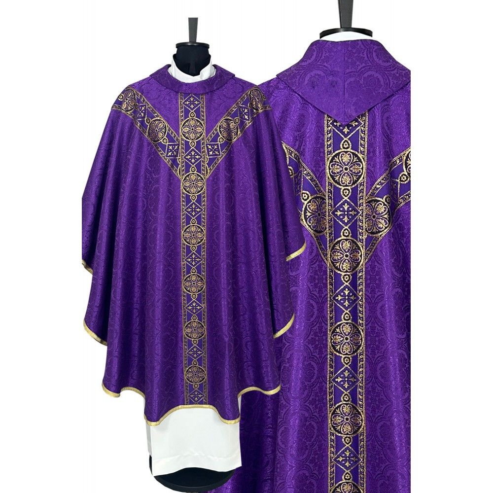 Ornat semi gotycki, fioletowy, tkanina żakard, pasy tkane (59K) - ORNATY NA WIELKI POST - Nowość