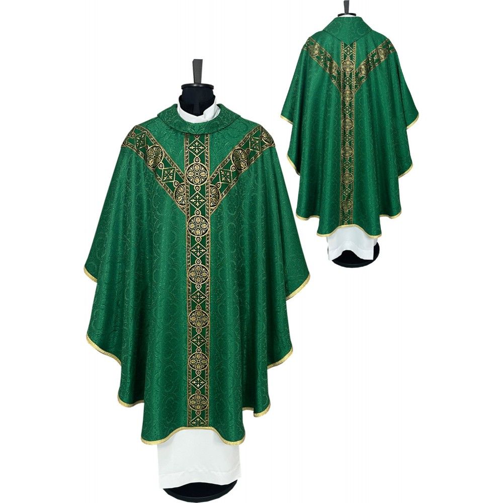 Ornat semi gotycki, zielony, tkanina żakard, pasy tkane (60K) - Ornaty Semi Gotyckie - Nowość