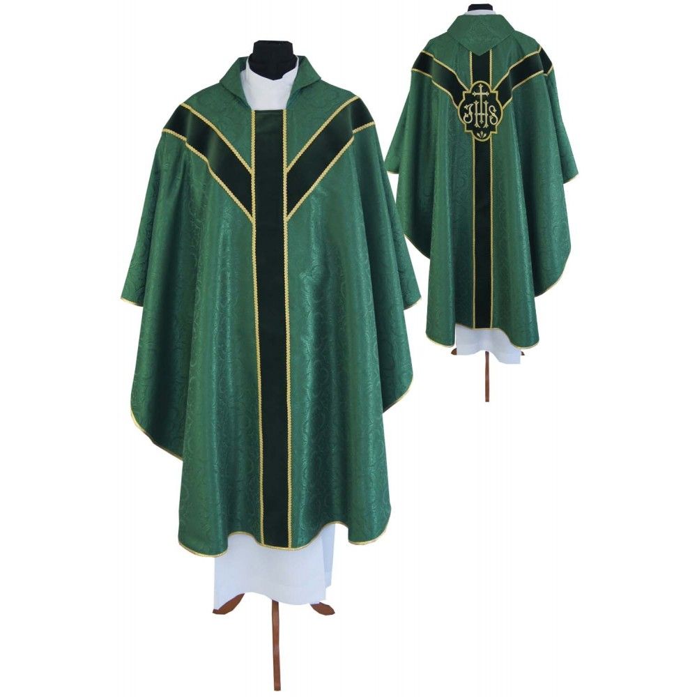 Ornat semi gotycki + stuła, kolor zielony, aksamitny pas (61K) - Ornaty Semi Gotyckie - Nowość