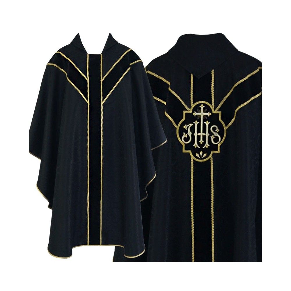 Ornat semi gotycki + stuła, kolor czarny, aksamitny pas (64K) - Ornaty Semi Gotyckie - Nowość