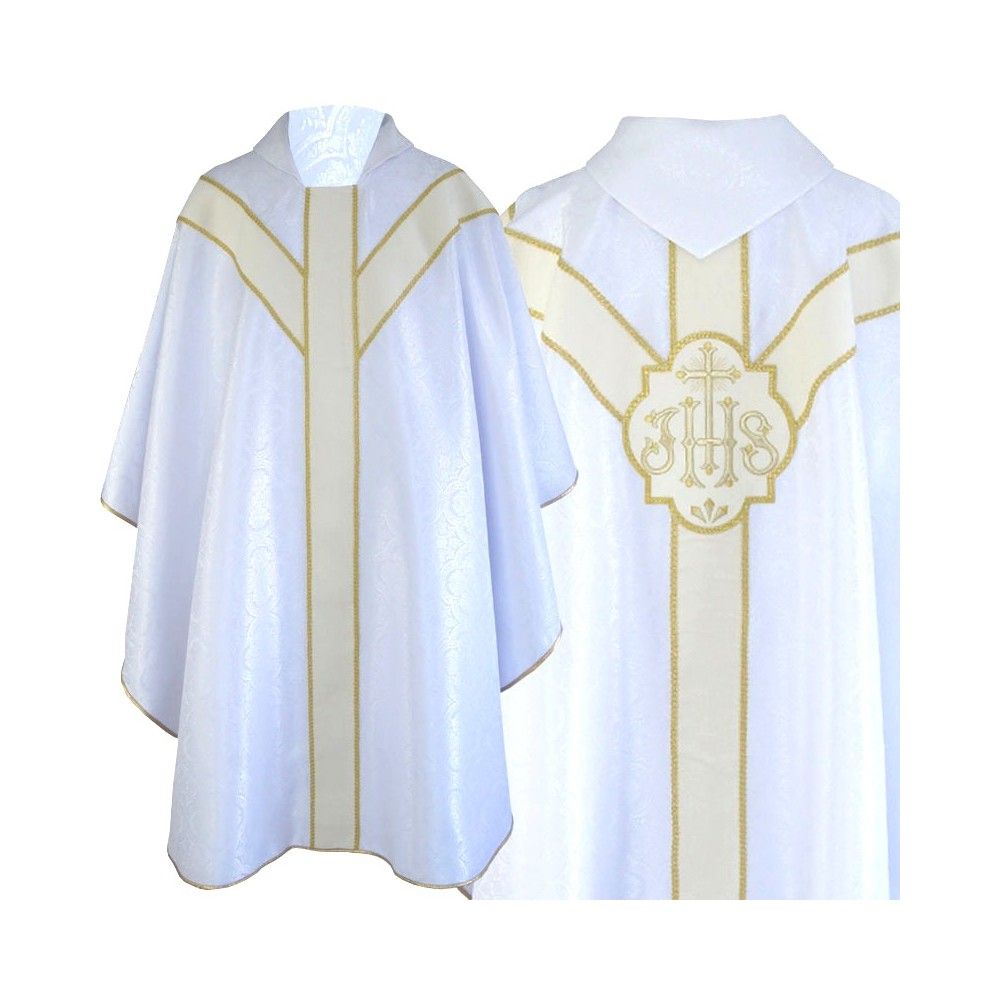 Ornat semi gotycki + stuła, kolor biały, aksamitny pas (65K) - Ornaty Semi Gotyckie - Nowość