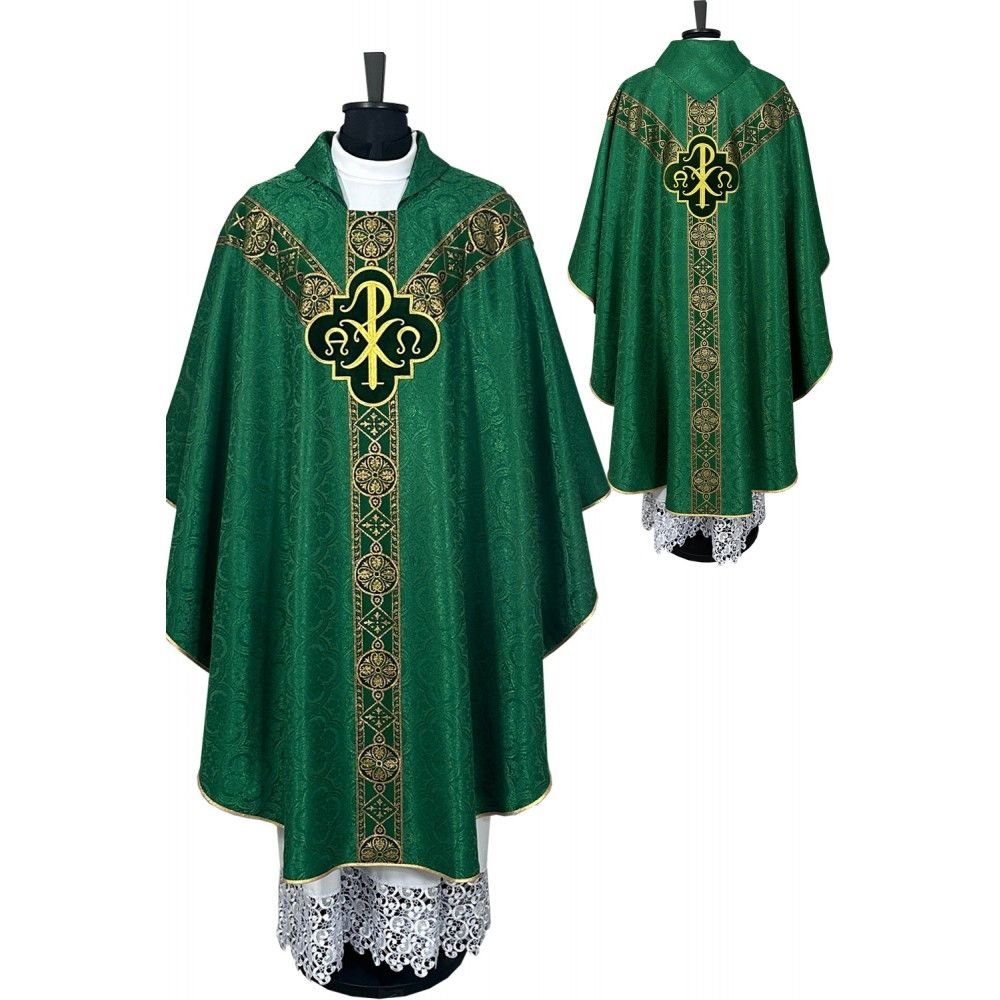 Ornat semi gotycki, zielony, tkanina żakard, pasy tkane (66K) - Ornaty Semi Gotyckie - Nowość