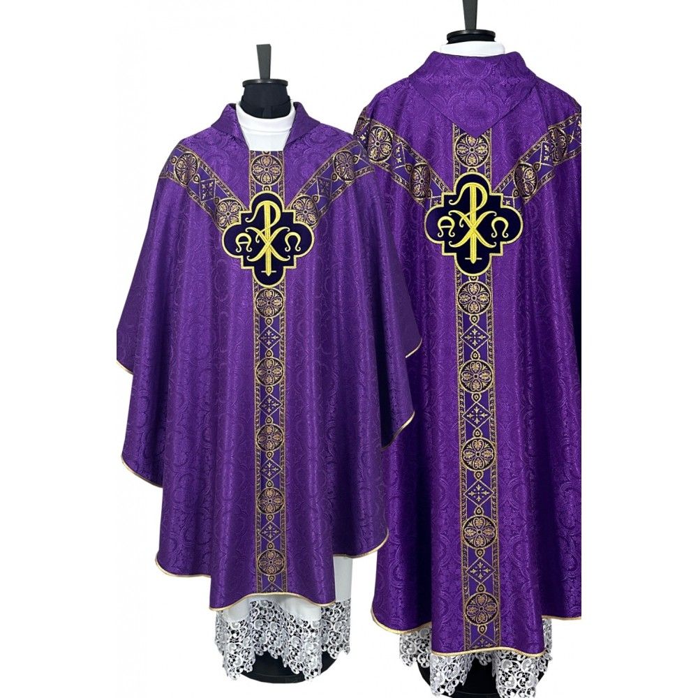 Ornat semi gotycki, fioletowy, tkanina żakard, pasy tkane (67K) - ORNATY NA WIELKI POST - Nowość