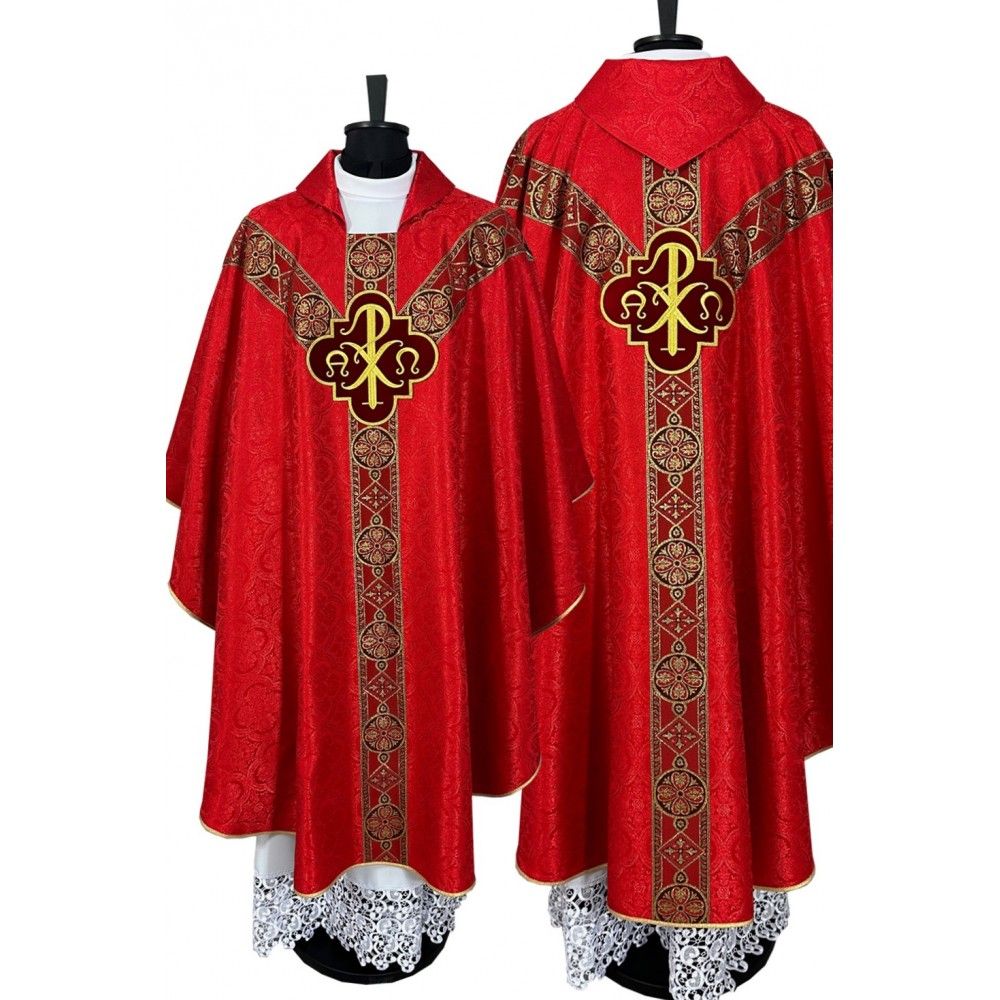 Ornat semi gotycki, czerwony, tkanina żakard, pasy tkane (69K) - ORNATY NA WIELKI POST - Nowość