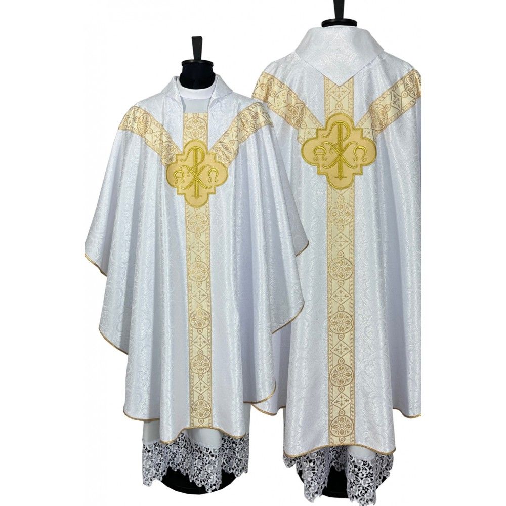 Ornat semi gotycki, biały, tkanina żakard, pasy tkane (70K) - Ornaty Semi Gotyckie - Nowość