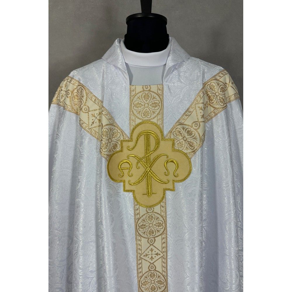 Ornat semi gotycki, biały, tkanina żakard, pasy tkane (70K) - Ornaty Semi Gotyckie - zdjęcie 2 - Ornat semi gotycki, biały, tkanina żakard, pasy tkane (70K)