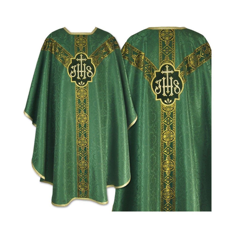 Ornat semi gotycki, zielony, tkanina żakard, pasy tkane (71K) - Ornaty Semi Gotyckie - Nowość