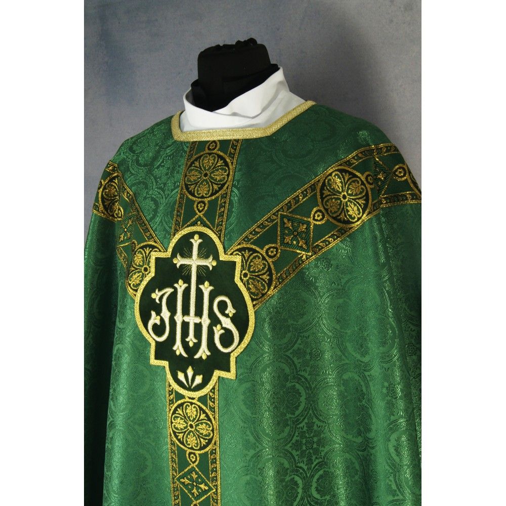 Ornat semi gotycki, zielony, tkanina żakard, pasy tkane (71K) - Ornaty Semi Gotyckie - zdjęcie 2 - Ornat semi gotycki, zielony, tkanina żakard, pasy tkane (71K)