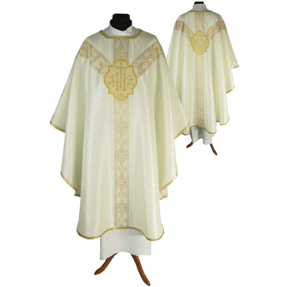 Ornat semi gotycki, ecru, tkanina żakard, pasy tkane (74K) - Ornaty Semi Gotyckie - Nowość