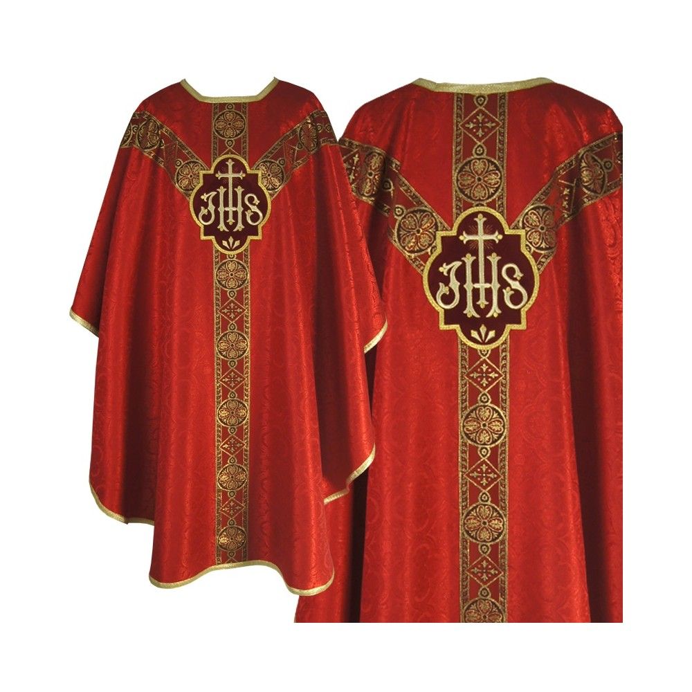 Ornat semi gotycki, czerwony, tkanina żakard, pasy tkane (75K) - ORNATY NA WIELKI POST - Nowość