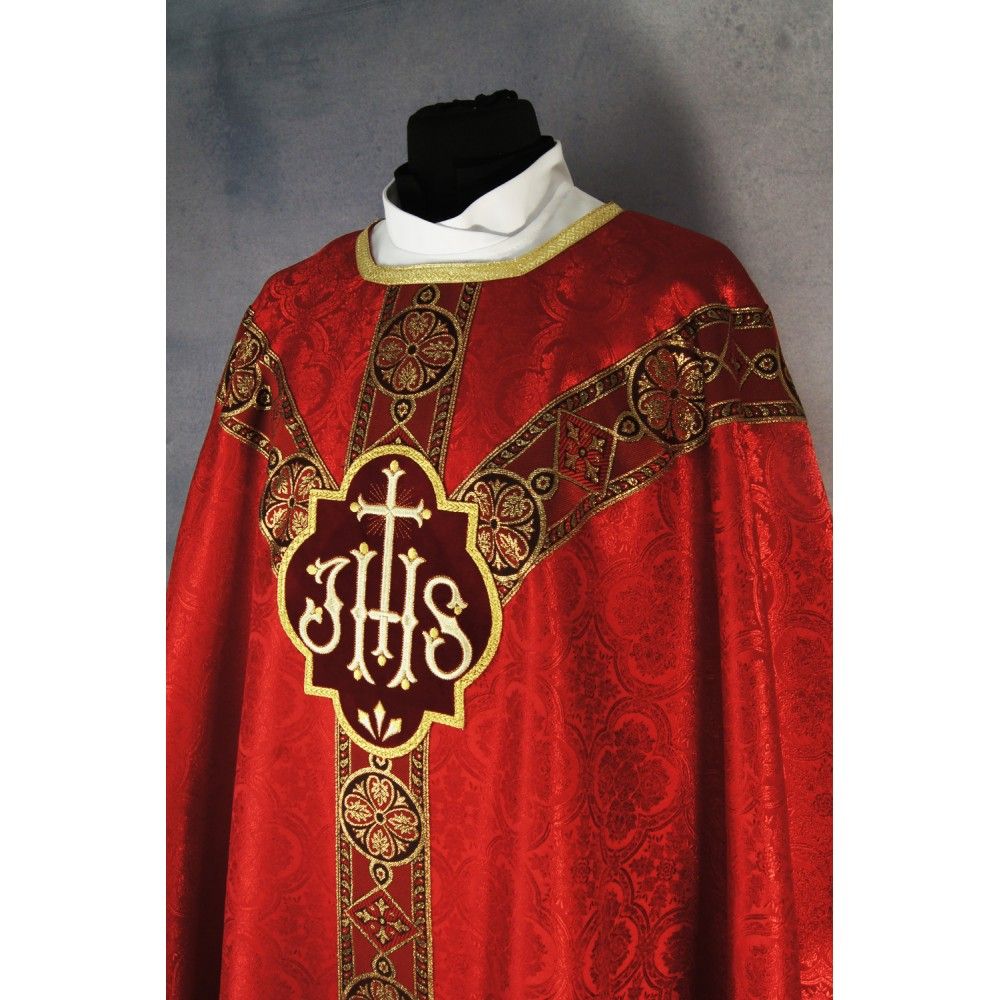 Ornat semi gotycki, czerwony, tkanina żakard, pasy tkane (75K) - ORNATY NA WIELKI POST - zdjęcie 2 - Ornat semi gotycki, czerwony, tkanina żakard, pasy tkane (75K)