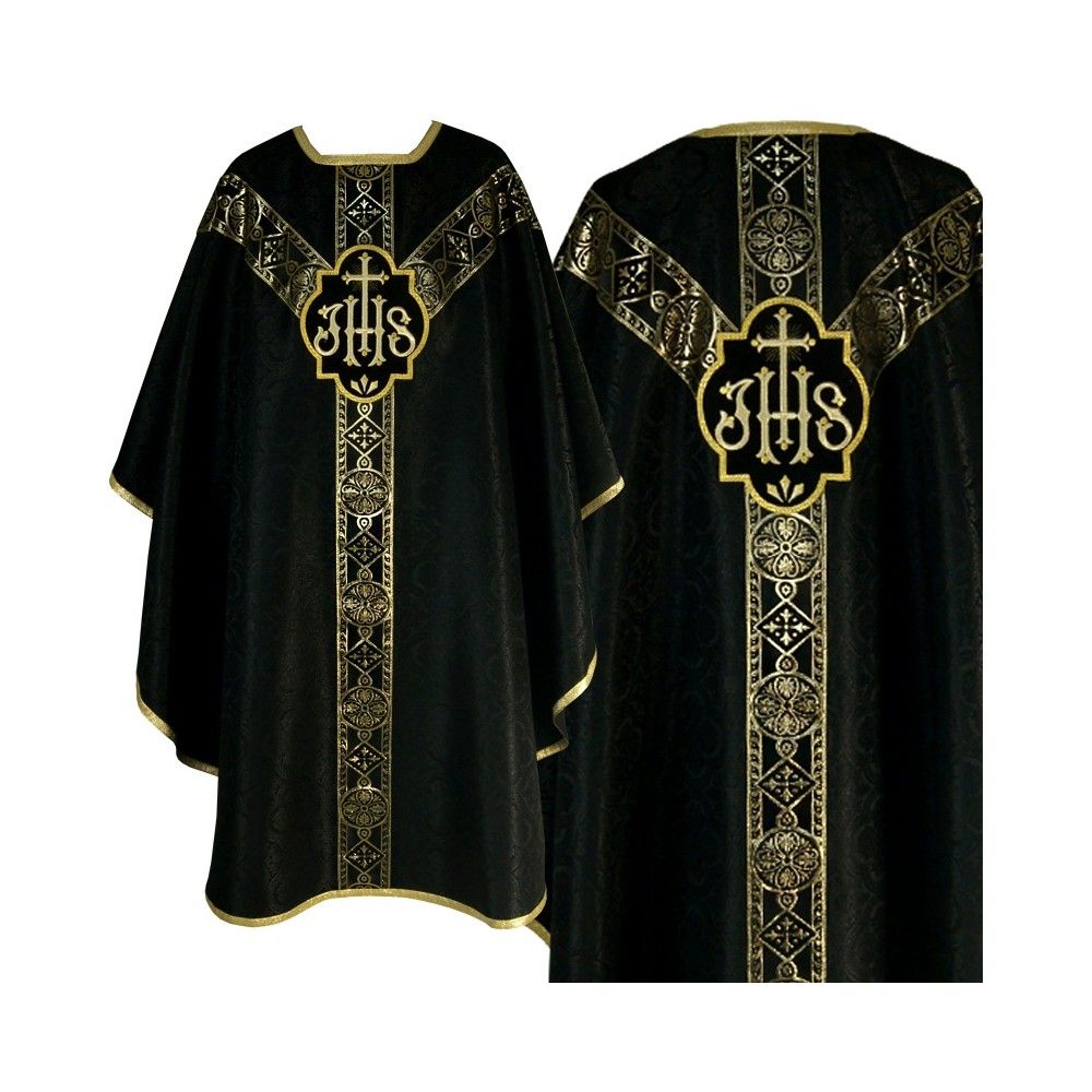 Ornat semi gotycki, czarny, tkanina żakard, pasy tkane (76K) - Ornaty Semi Gotyckie - Nowość