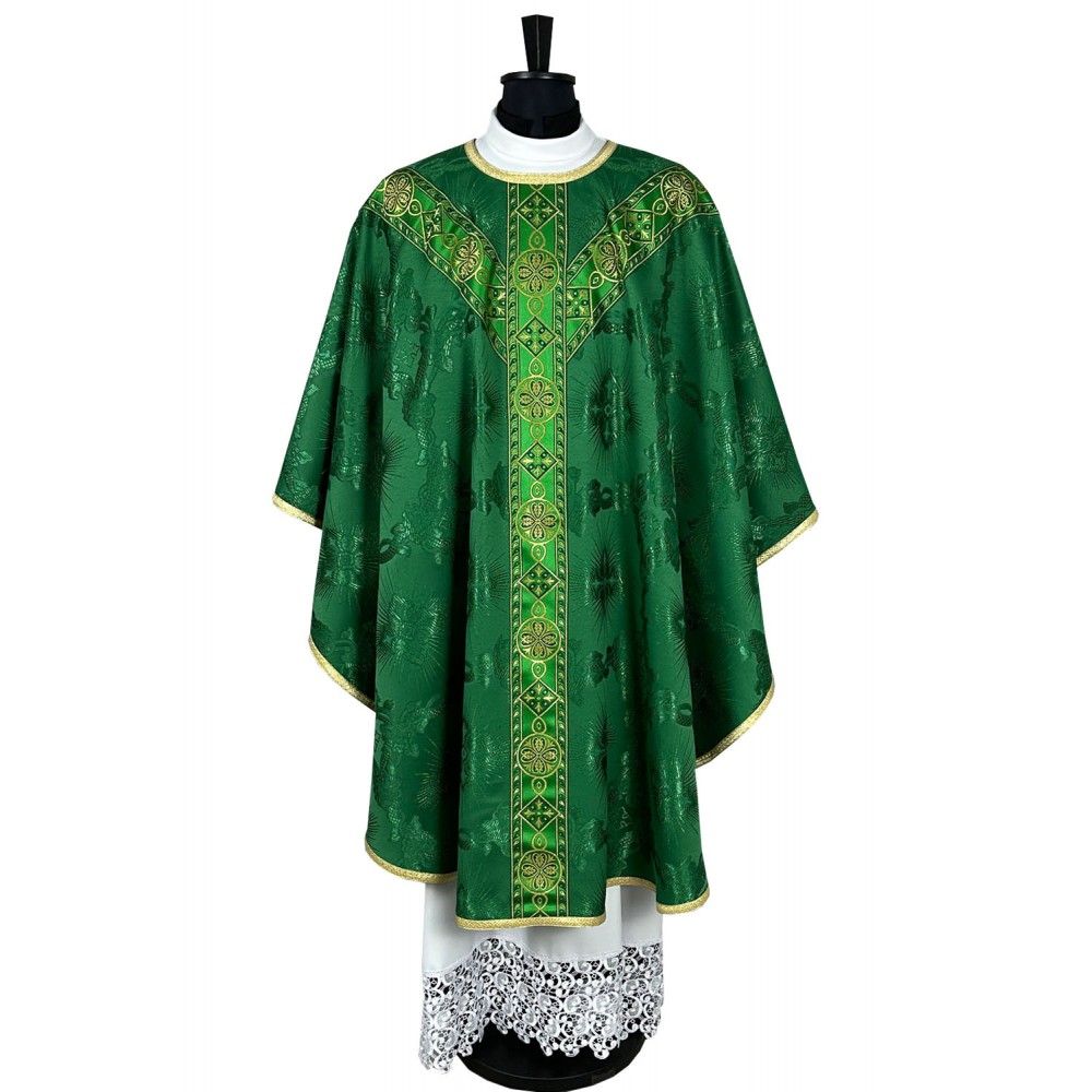 Ornat semi gotycki, zielony, tkanina żakard, pasy tkane (80K) - Ornaty Semi Gotyckie - Nowość