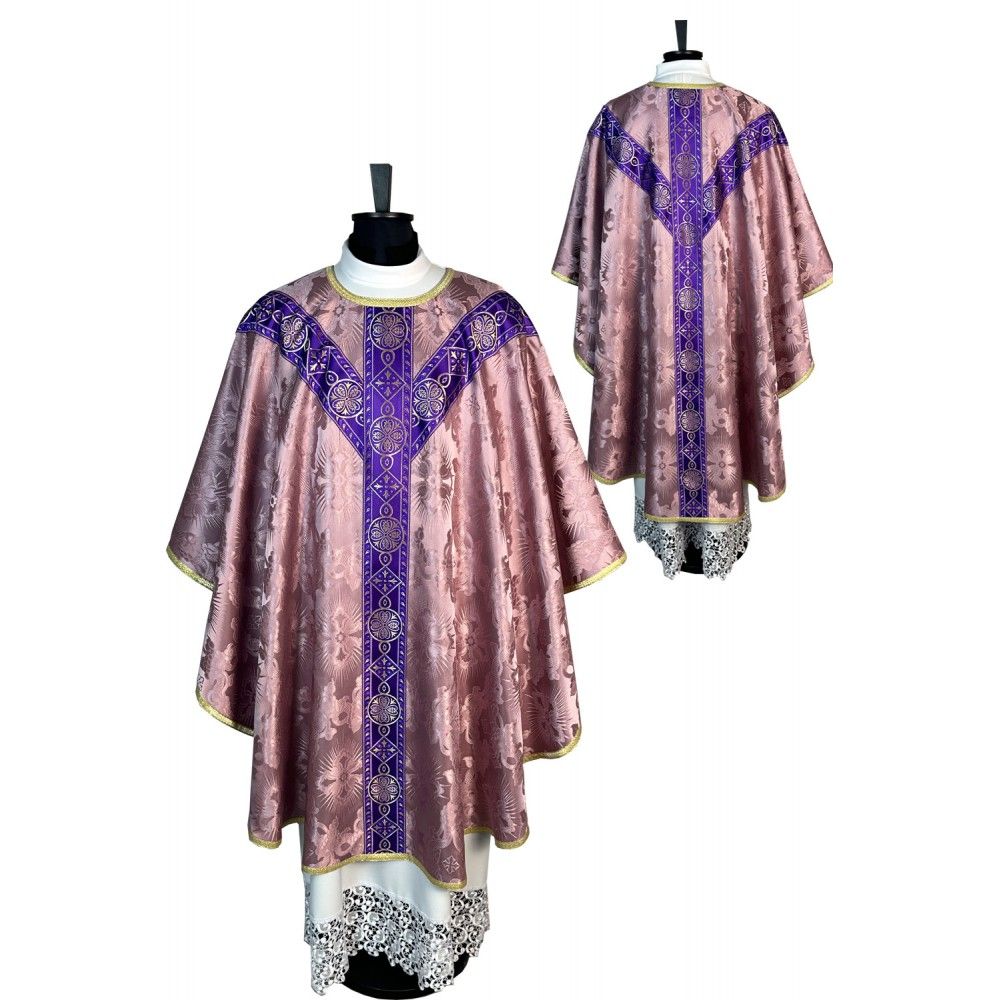 Ornat semi gotycki, blady róż, tkanina żakard, pasy tkane (81K) - ORNATY NA WIELKI POST - Nowość