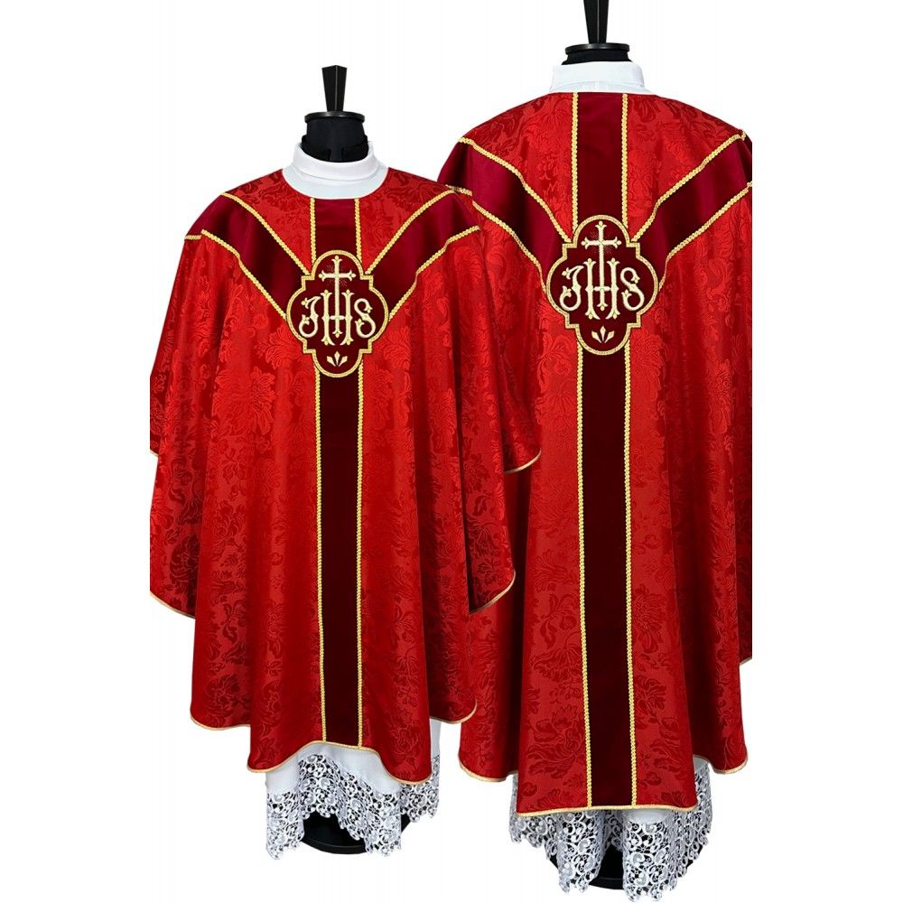 Ornat semi gotycki + stuła, kolor czerwony, aksamitny pas (82K) - ORNATY NA WIELKI POST - Nowość