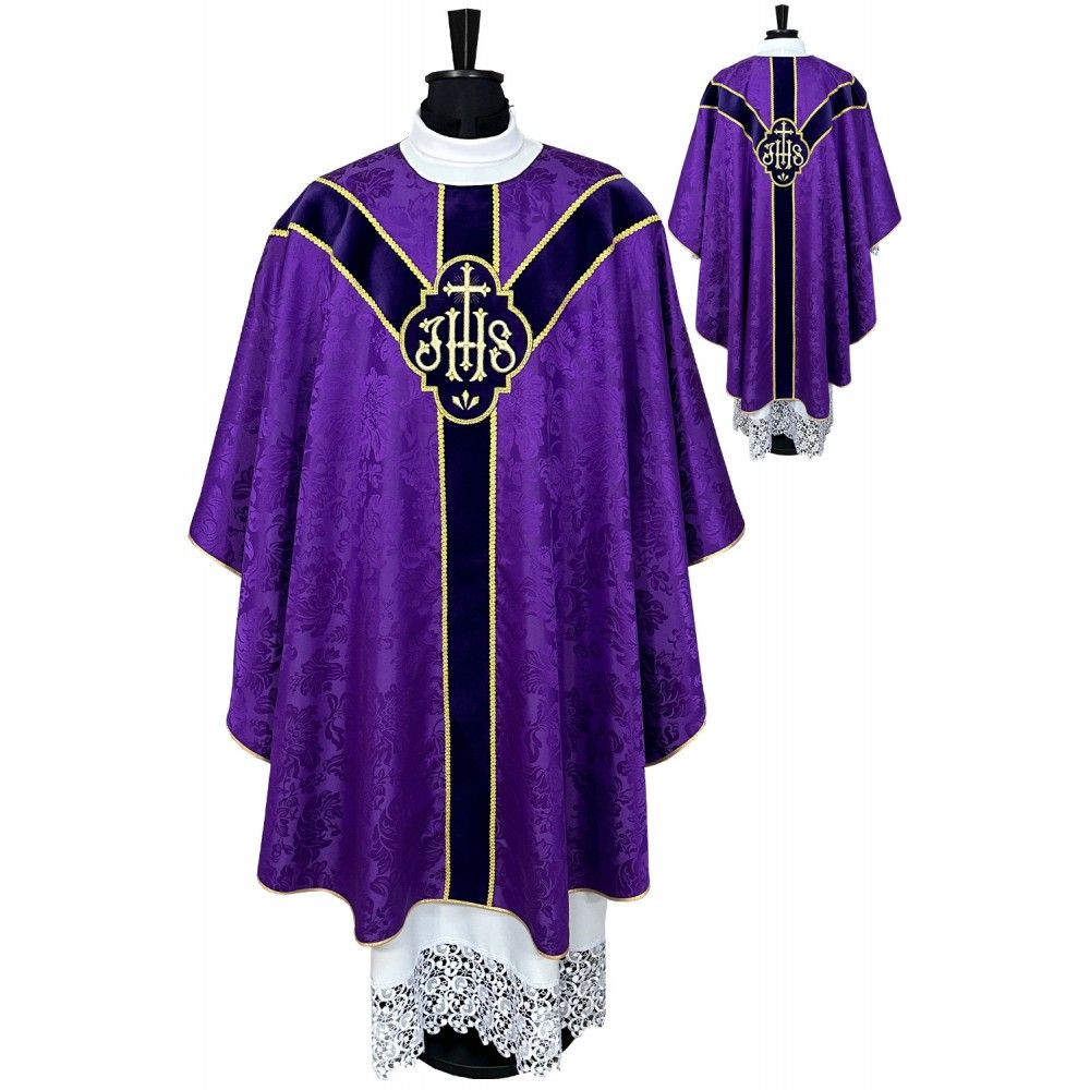 Ornat semi gotycki + stuła, kolor fioletowy, aksamitny pas (83K) - ORNATY NA WIELKI POST - Nowość