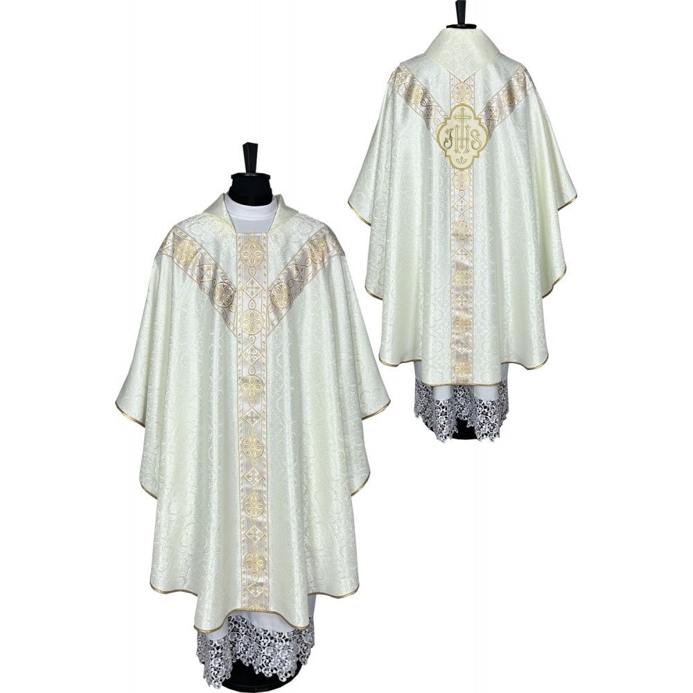 Ornat semi gotycki, ecru, tkanina żakard, pasy tkane (85K) - Ornaty Semi Gotyckie - Nowość