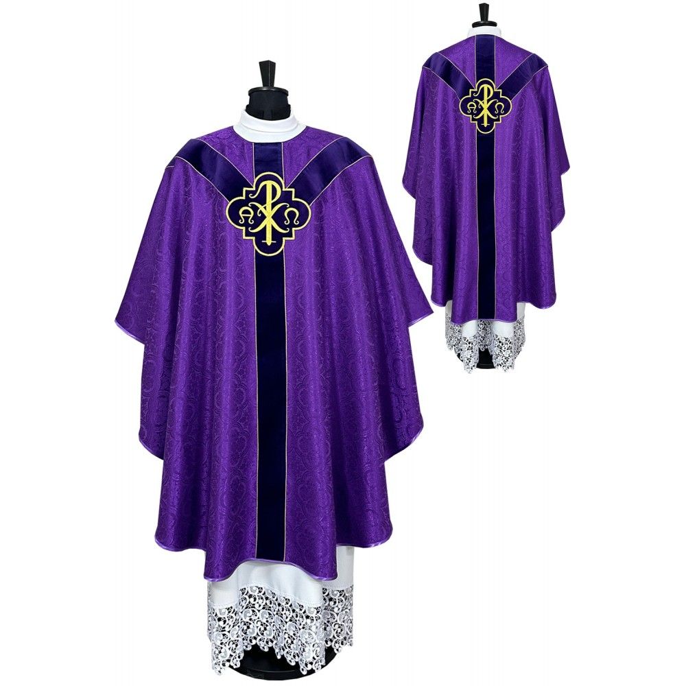 Ornat semi gotycki + stuła, kolor fioletowy, aksamitny pas (87K) - ORNATY NA WIELKI POST - Nowość