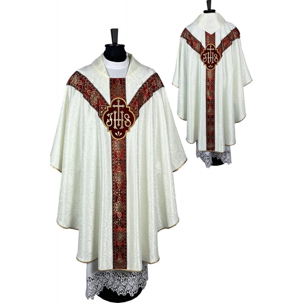 Ornat semi gotycki, ecru, tkanina żakard, pasy tkane (89K) - Ornaty Semi Gotyckie - Nowość