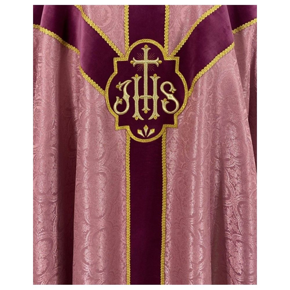 Ornat semi gotycki, kolor blady róż, pasy aksamit (94K) - ORNATY NA WIELKI POST - zdjęcie 2 - Ornat semi gotycki, kolor blady róż, pasy aksamit (94K)