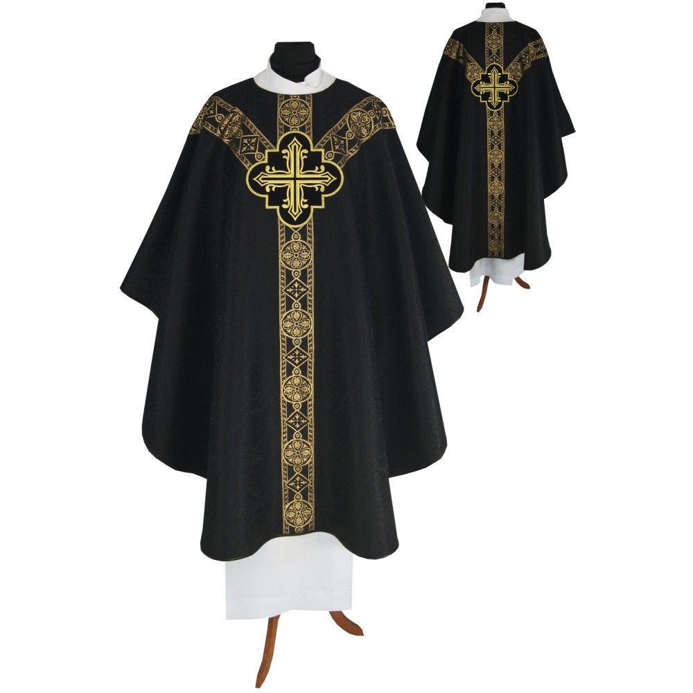 Ornat semi gotycki, czarny, tkanina żakard, pasy tkane (96K) - Ornaty Semi Gotyckie - Nowość