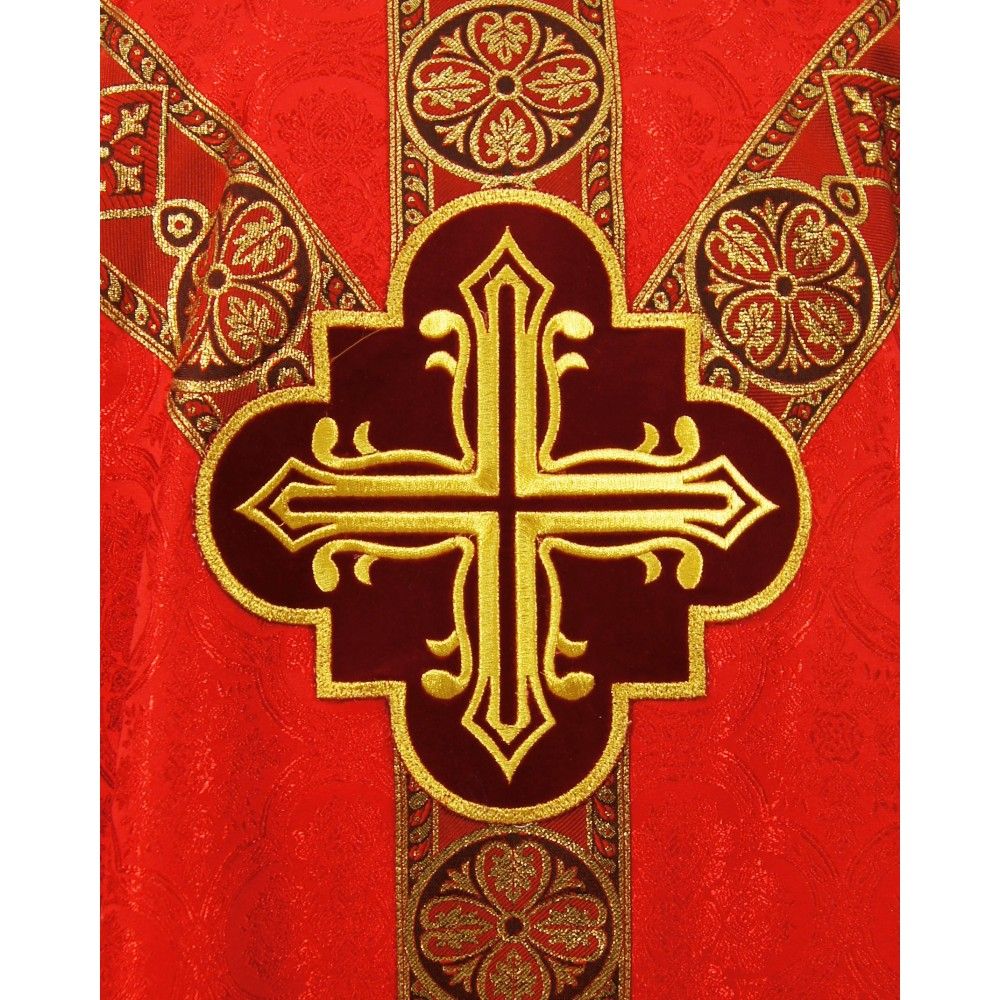 Ornat semi gotycki, czerwony, tkanina żakard, pasy tkane (97K) - ORNATY NA WIELKI POST - zdjęcie 2 - Ornat semi gotycki, czerwony, tkanina żakard, pasy tkane (97K)